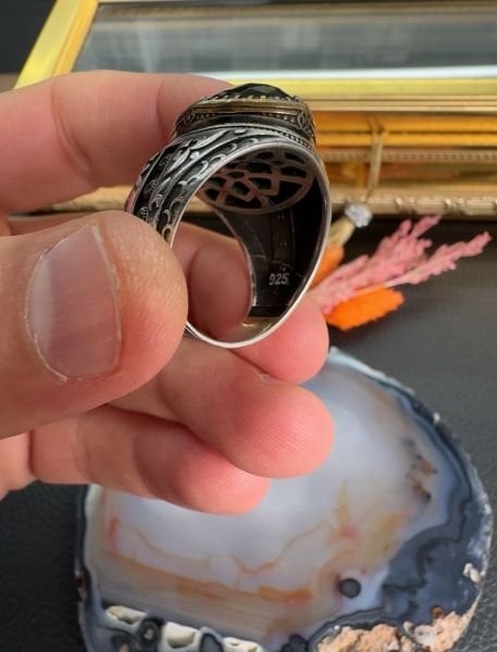 Özel Tasarım Yeşil Taşlı 925 Ayar Gümüş Erkek Yüzük