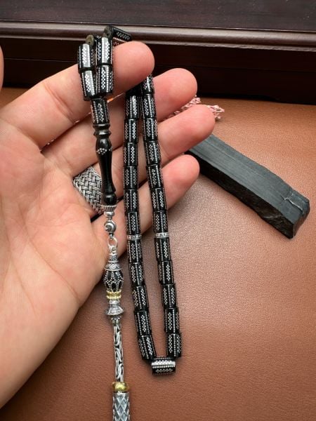 Kesme Model Gümüş İşlemeli Erzurum Oltu Taşı Tesbih