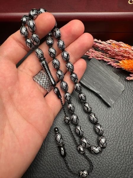 Badem Model Gümüş Yarma Erzurum Oltu Taşı Tesbih