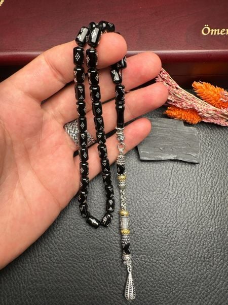 Kapsül Model Gümüş  İşlemeli Erzurum Oltu Taşı Tesbih