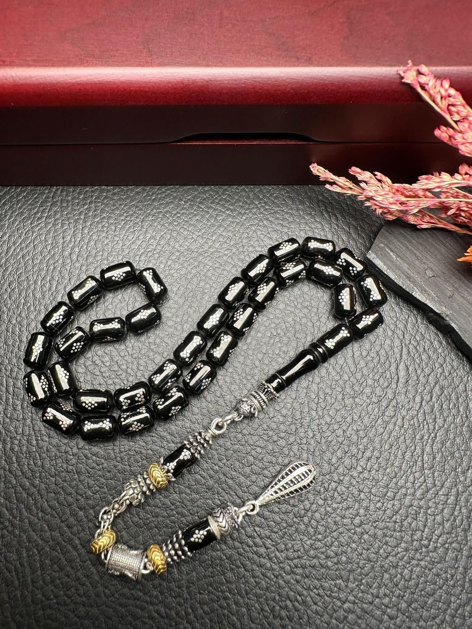 Kapsül Model Gümüş  İşlemeli Erzurum Oltu Taşı Tesbih