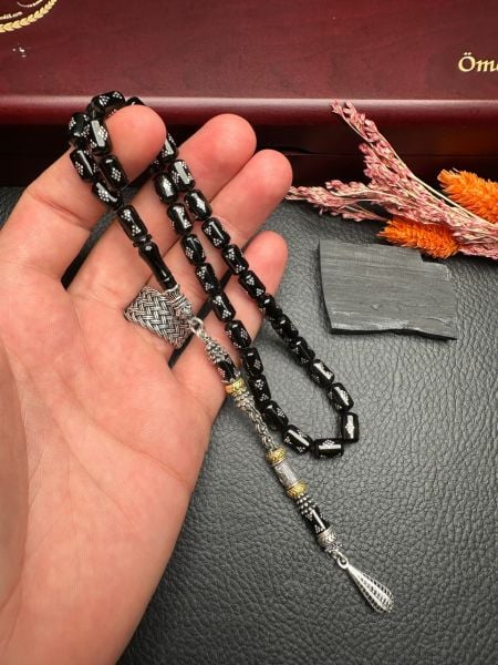 Kapsül Model Gümüş  İşlemeli Erzurum Oltu Taşı Tesbih