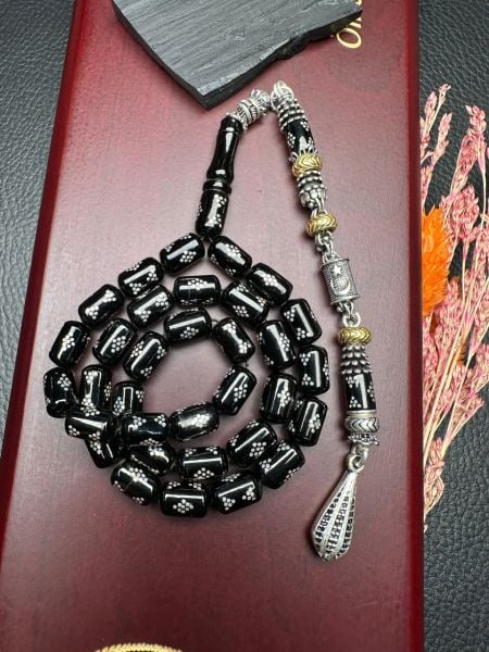 Kapsül Model Gümüş  İşlemeli Erzurum Oltu Taşı Tesbih