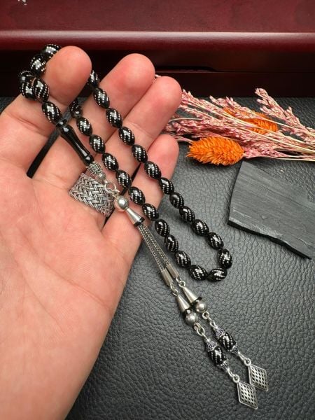 Badem Model Gümüş  İşlemeli Erzurum Oltu Taşı Tesbih