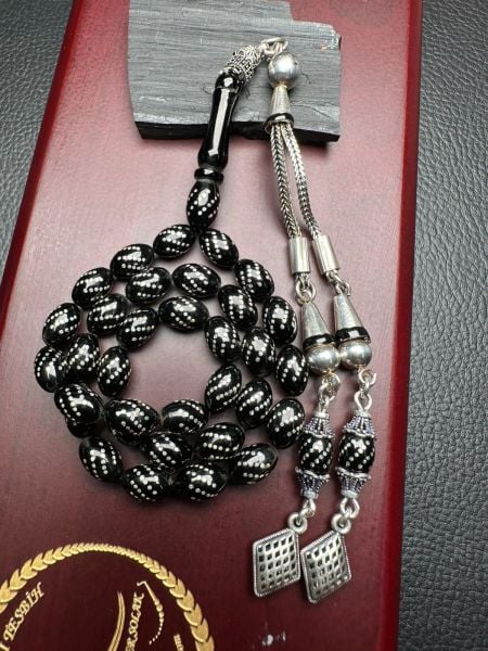 Badem Model Gümüş  İşlemeli Erzurum Oltu Taşı Tesbih