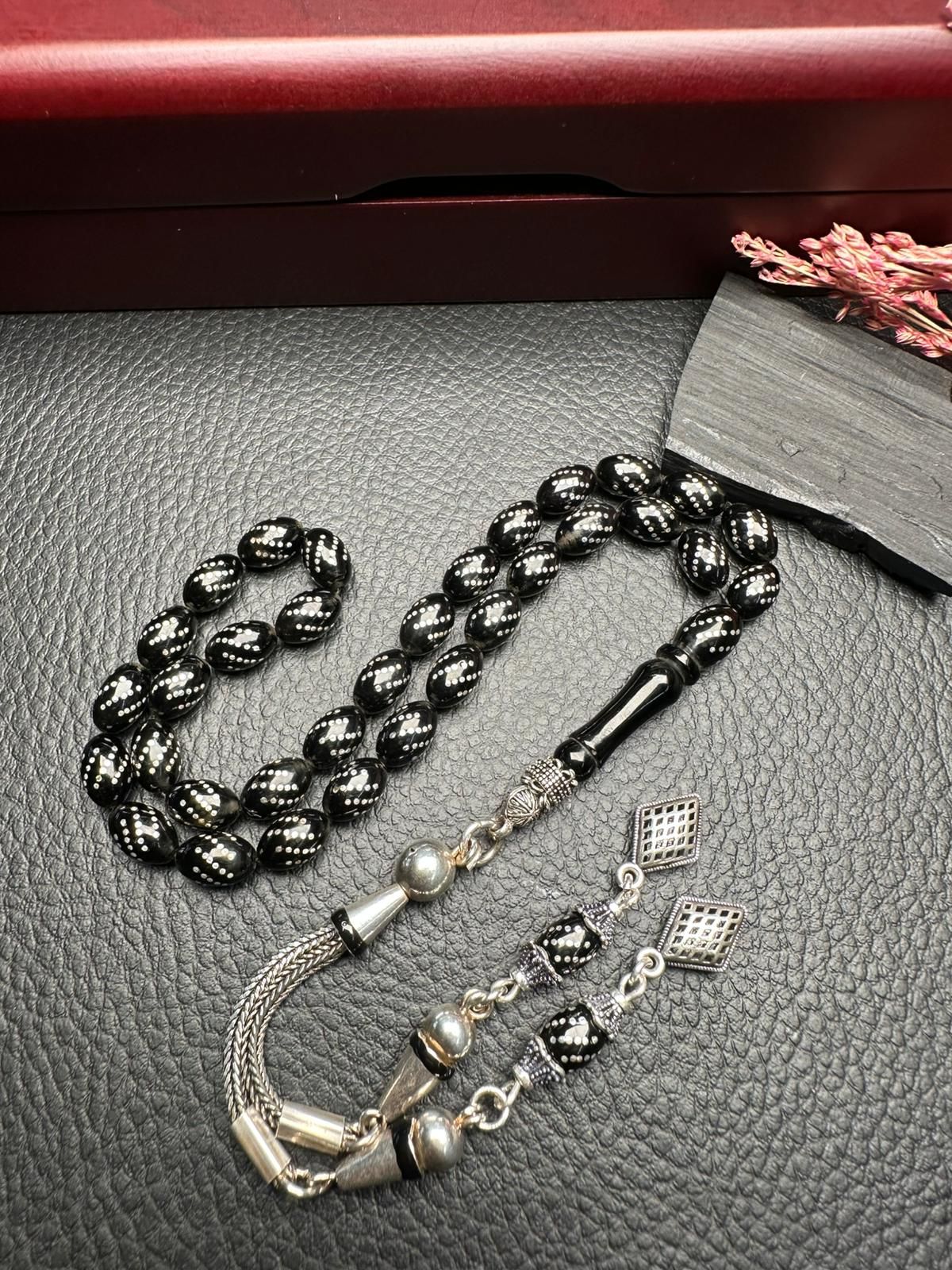 Badem Model Gümüş  İşlemeli Erzurum Oltu Taşı Tesbih