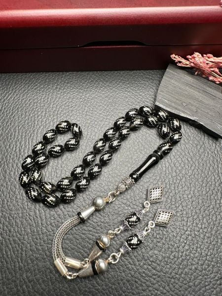 Badem Model Gümüş  İşlemeli Erzurum Oltu Taşı Tesbih