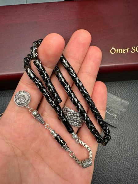 Kesme Model Gümüş  İşlemeli Erzurum Oltu Taşı Tesbih