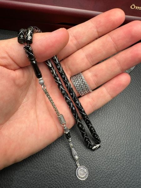 Kesme Model Gümüş  İşlemeli Erzurum Oltu Taşı Tesbih