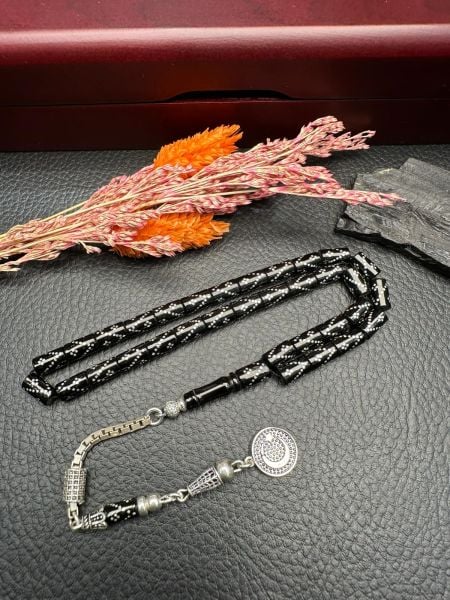 Kesme Model Gümüş  İşlemeli Erzurum Oltu Taşı Tesbih