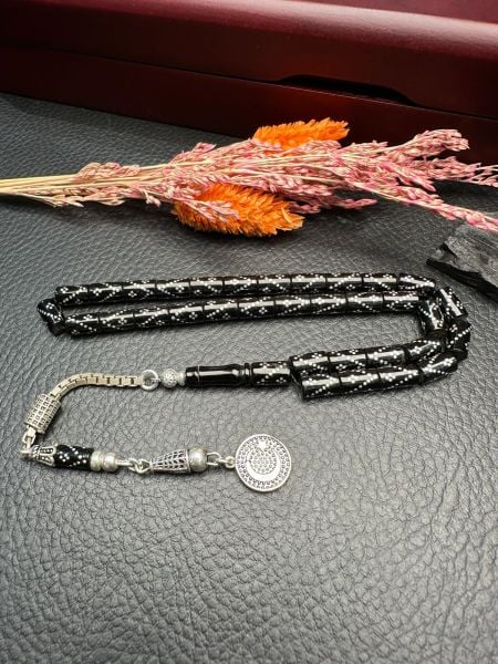 Kesme Model Gümüş  İşlemeli Erzurum Oltu Taşı Tesbih