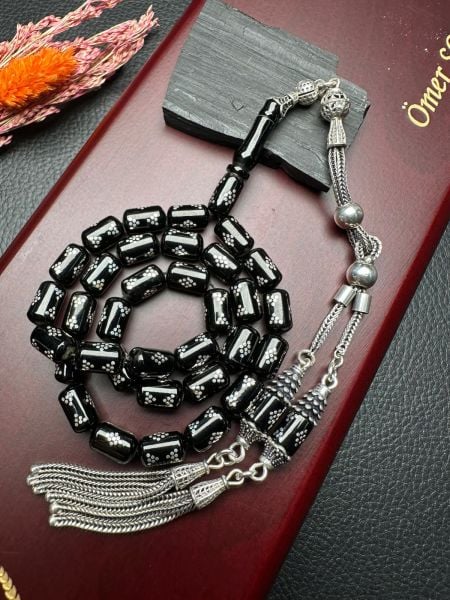 Gümüş  İşlemeli Erzurum Oltu Taşı Tesbih