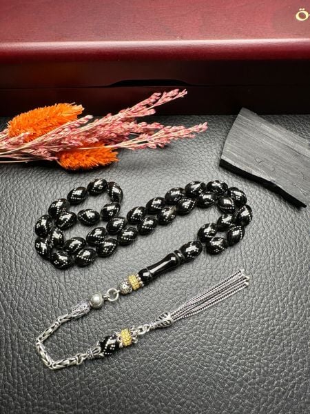 Gümüş  İşlemeli Erzurum Oltu Taşı Tesbih