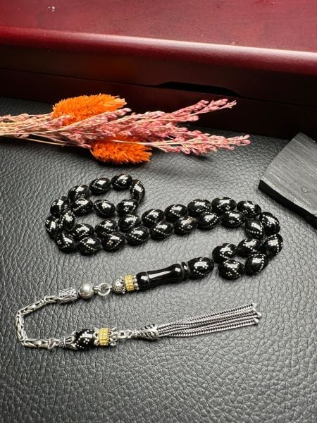 Gümüş  İşlemeli Erzurum Oltu Taşı Tesbih