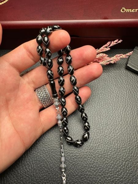 Gümüş  İşlemeli Erzurum Oltu Taşı Tesbih