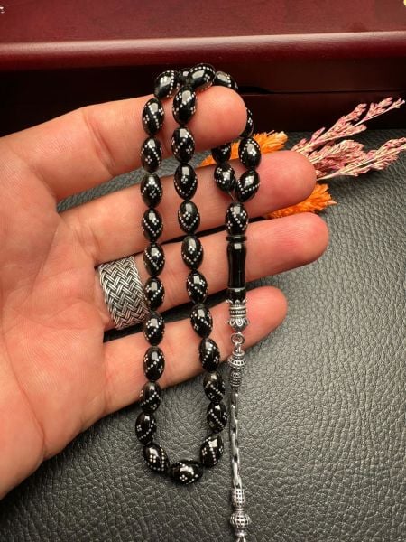 Gümüş  İşlemeli Erzurum Oltu Taşı Tesbih