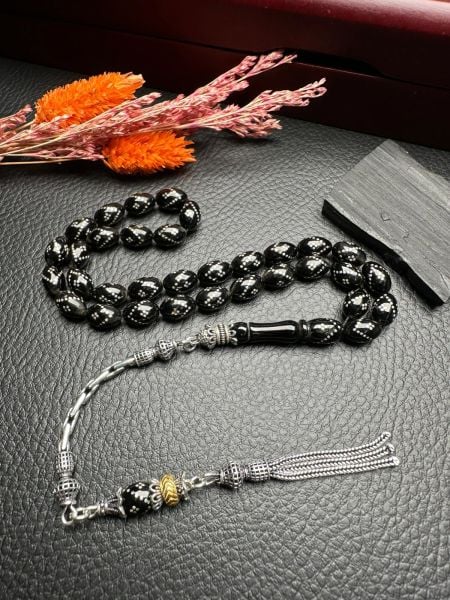 Gümüş  İşlemeli Erzurum Oltu Taşı Tesbih