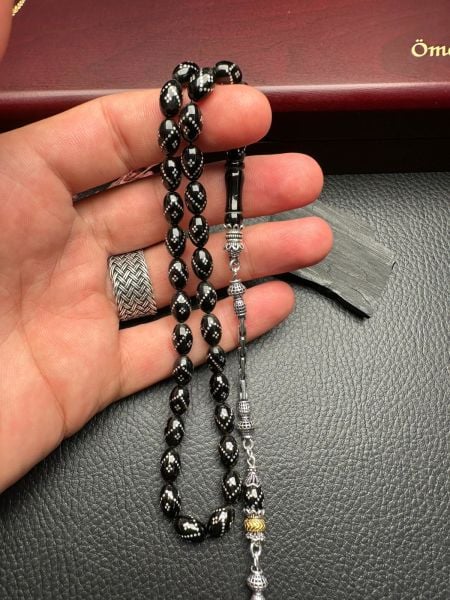 Gümüş  İşlemeli Erzurum Oltu Taşı Tesbih