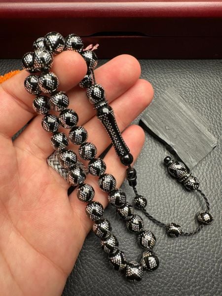 Piramit Gümüş İşlemeli Erzurum Oltu Taşı Tesbih