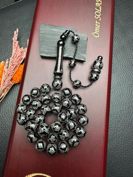 Piramit Gümüş İşlemeli Erzurum Oltu Taşı Tesbih