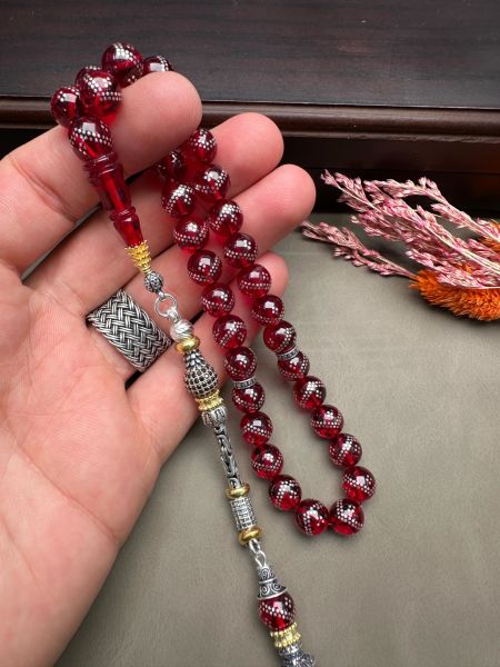 Küre Model Gümüş İşlemeli Ateş Kehribar Tesbih
