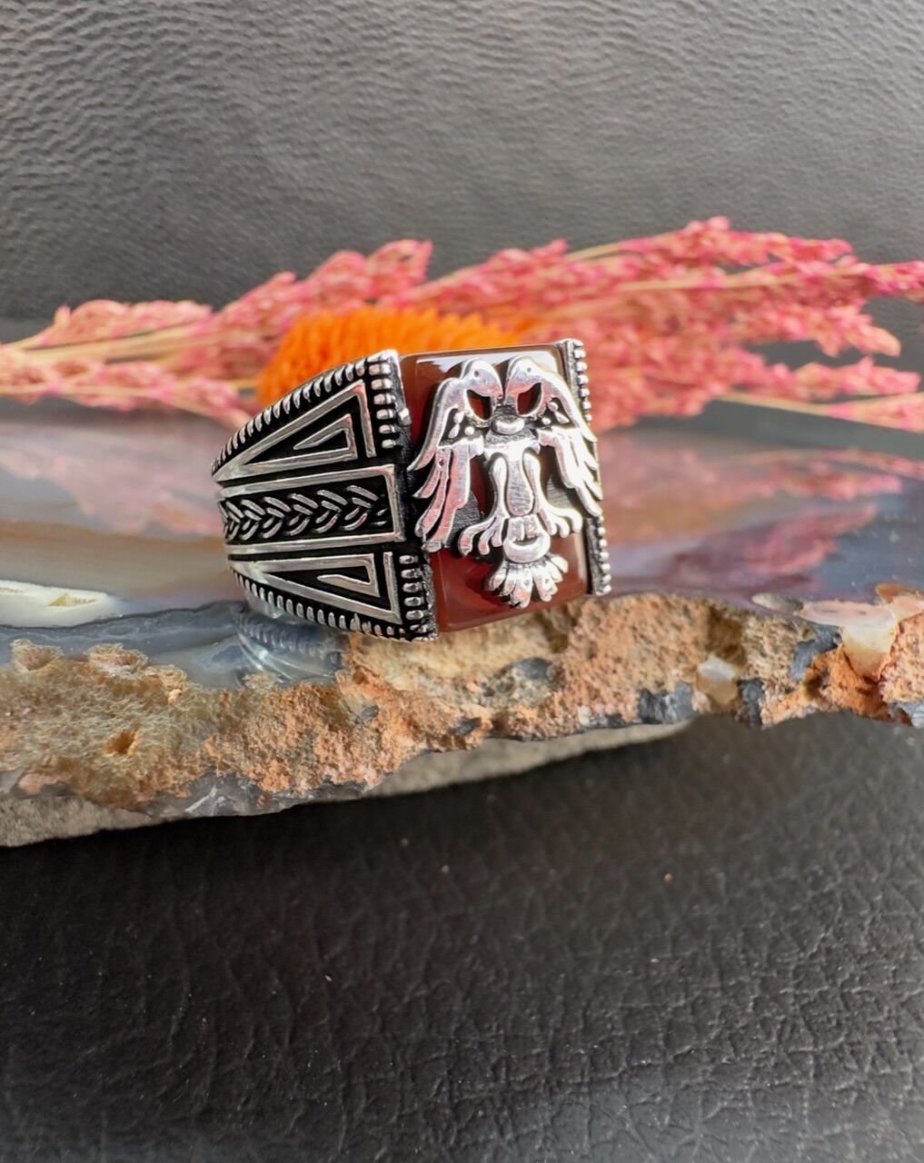Özel Çift Başlı Kartal Tasarım Erkek Gümüş Yüzük