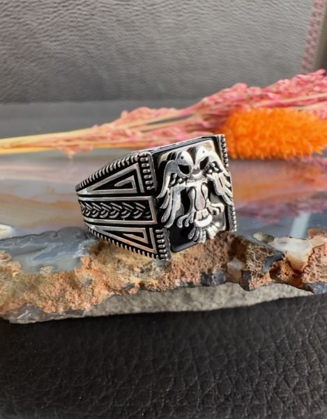 Özel Çift Başlı Kartal Tasarım Erkek Gümüş Yüzük