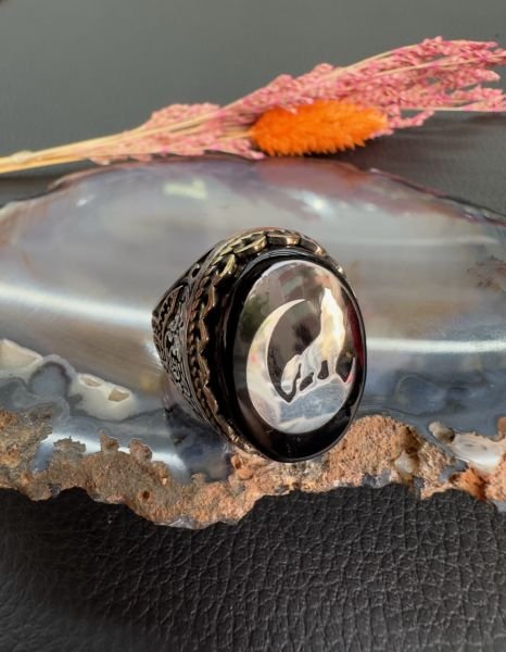 Özel Bozkurt Tasarım Oltu Taşı Erkek Gümüş Yüzük