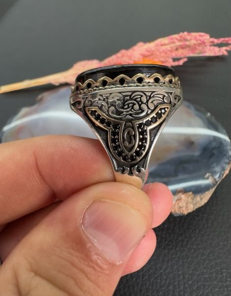 Özel Bozkurt Tasarım Oltu Taşı Erkek Gümüş Yüzük