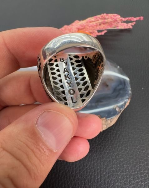 Özel Bozkurt Tasarım Oltu Taşı Erkek Gümüş Yüzük