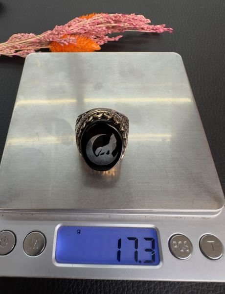 Özel Bozkurt Tasarım Oltu Taşı Erkek Gümüş Yüzük