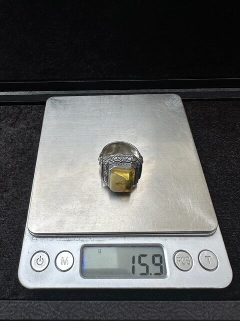 Kalem İşçilikli Osman Özpala Damla Kehribar 925 Ayar Gümüş Erkek Yüzük