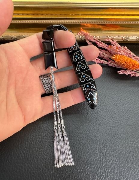 Gümüş Ve Firuze İşlemeli Erzurum Oltu Taşı Balık Tesbih
