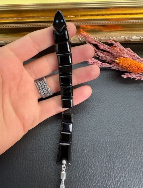 Gümüş Ve Firuze İşlemeli Erzurum Oltu Taşı Balık Tesbih