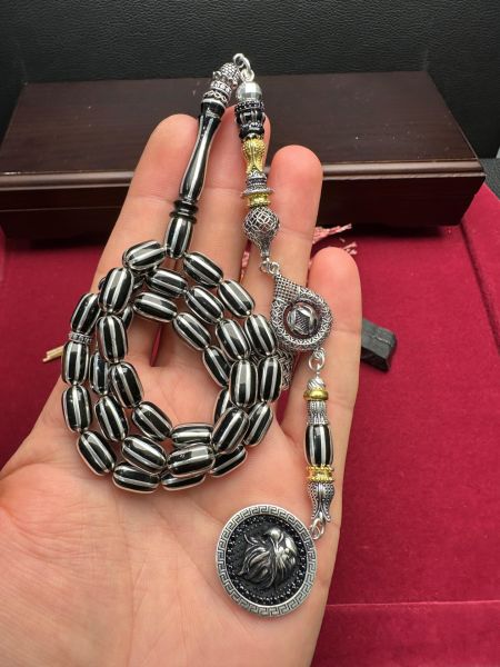 Kapsül Model Gümüş İşlemeli Erzurum Oltu Taşı Tesbih