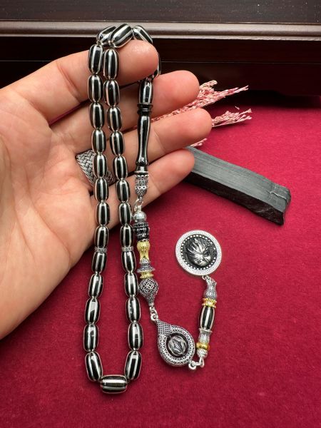 Kapsül Model Gümüş İşlemeli Erzurum Oltu Taşı Tesbih