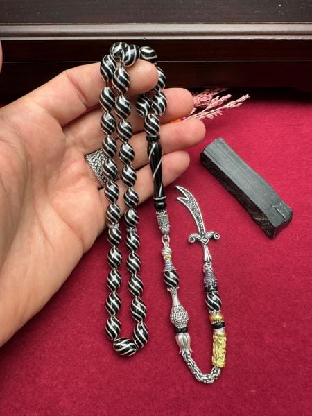 Beyzi Model Gümüş İşlemeli Erzurum Oltu Taşı Tesbih