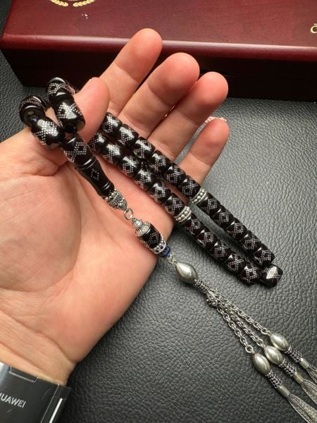 Gümüş İşlemeli Ateş Kehribar Tesbih