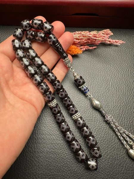 Gümüş İşlemeli Ateş Kehribar Tesbih