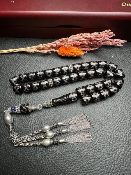 Gümüş İşlemeli Ateş Kehribar Tesbih