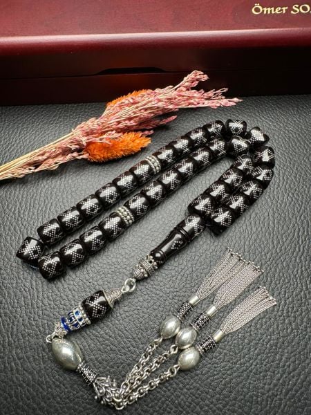 Gümüş İşlemeli Ateş Kehribar Tesbih