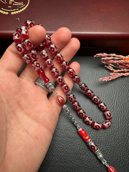 Gümüş İşlemeli Ateş Kehribar Tesbih