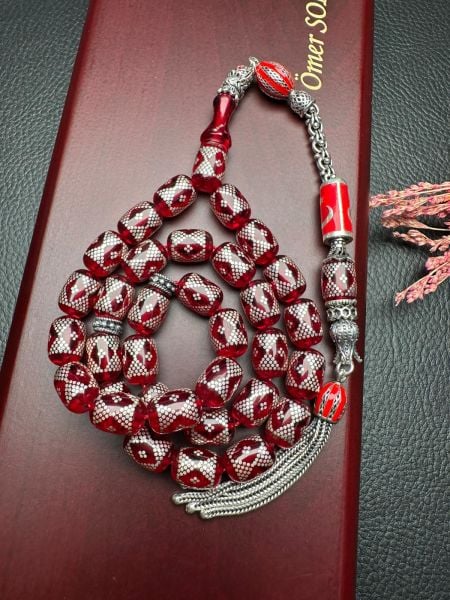 Gümüş İşlemeli Ateş Kehribar Tesbih