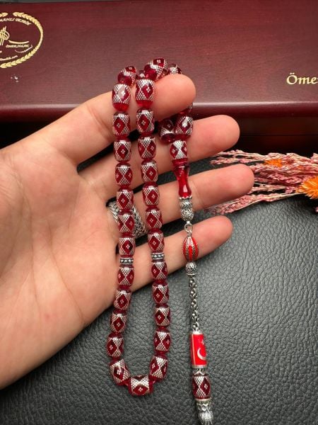 Gümüş İşlemeli Ateş Kehribar Tesbih