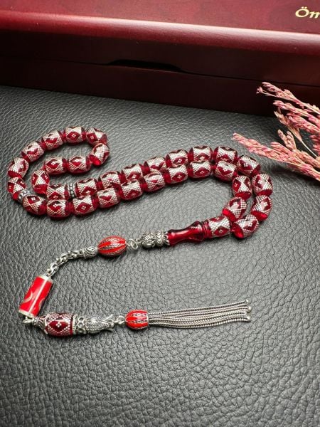 Gümüş İşlemeli Ateş Kehribar Tesbih