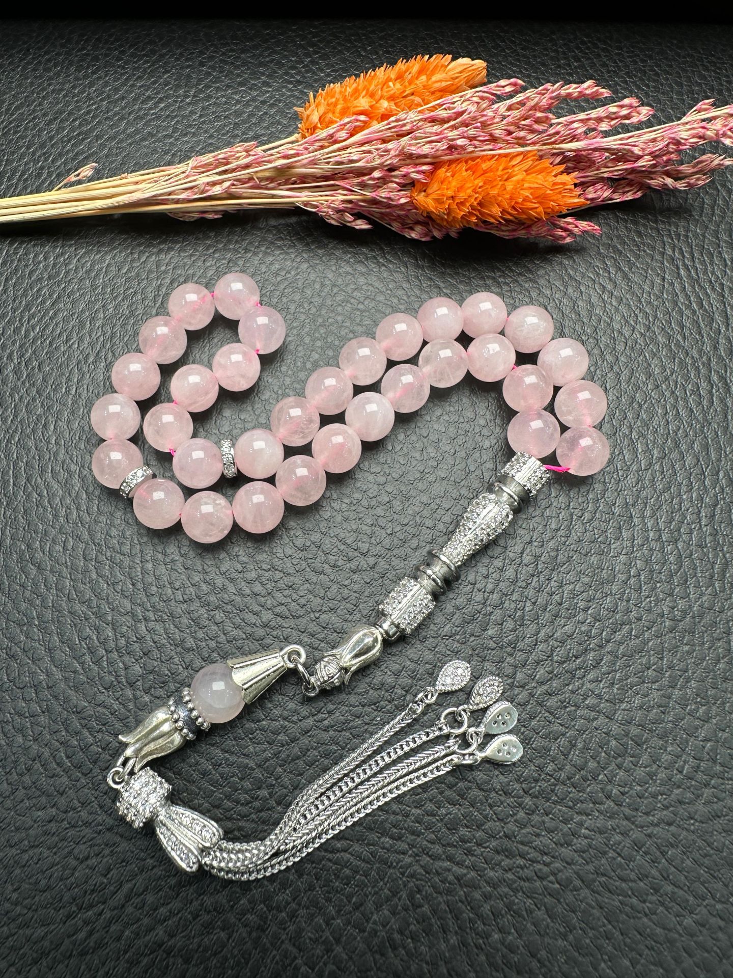 Küre Model Pembe Kuvars Doğal Taş Tesbih