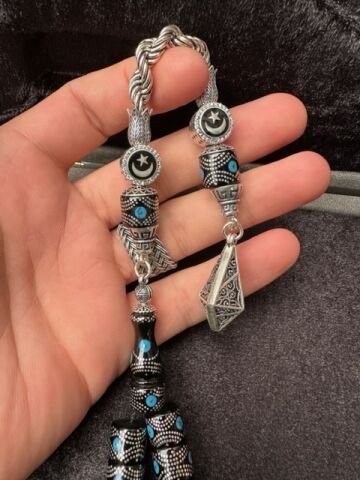 Kesme Model 925 Ayar Gümüş ve Firuze İşleme Erzurum Oltu Tesbih