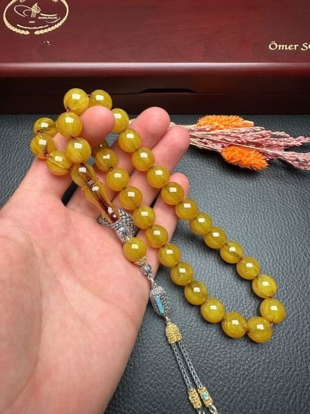 Yakup Kara Küre Model Traşlı Osmanlı Benzetme Sarı Çubuk Sıkma Kehribar Tesbih