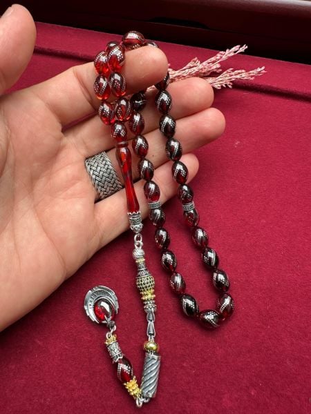 Beyzi Model Gümüş İşlemeli Ateş Kehribar Tesbih