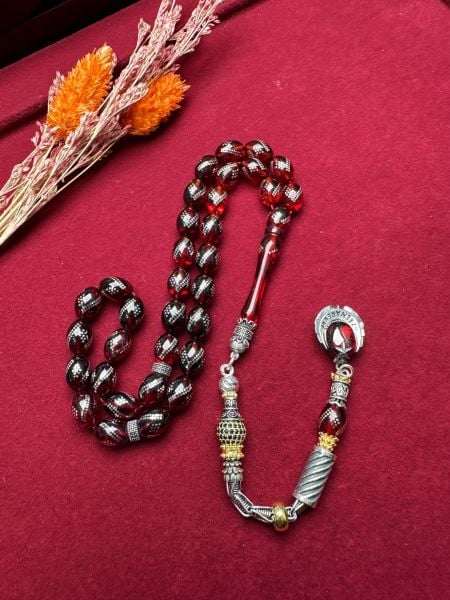 Beyzi Model Gümüş İşlemeli Ateş Kehribar Tesbih